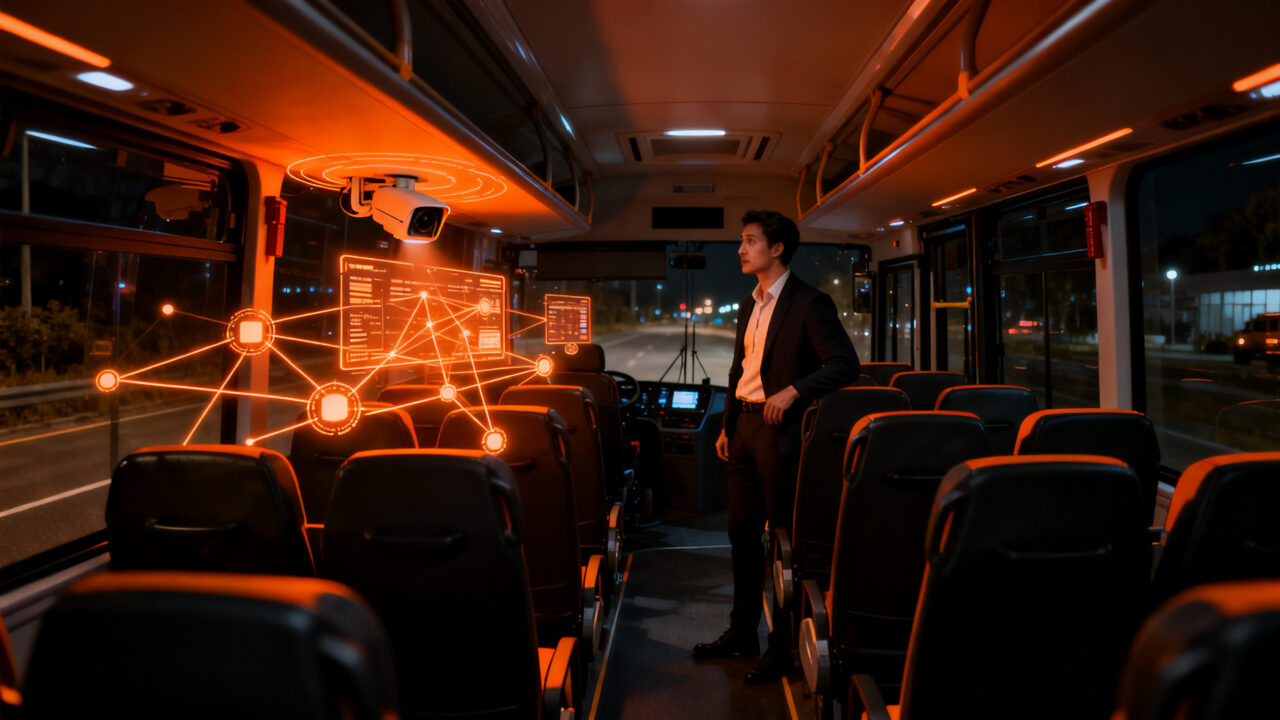 Cámaras con inteligencia artificial instaladas en transporte público para mejorar la seguridad vial y gestión de flotas.