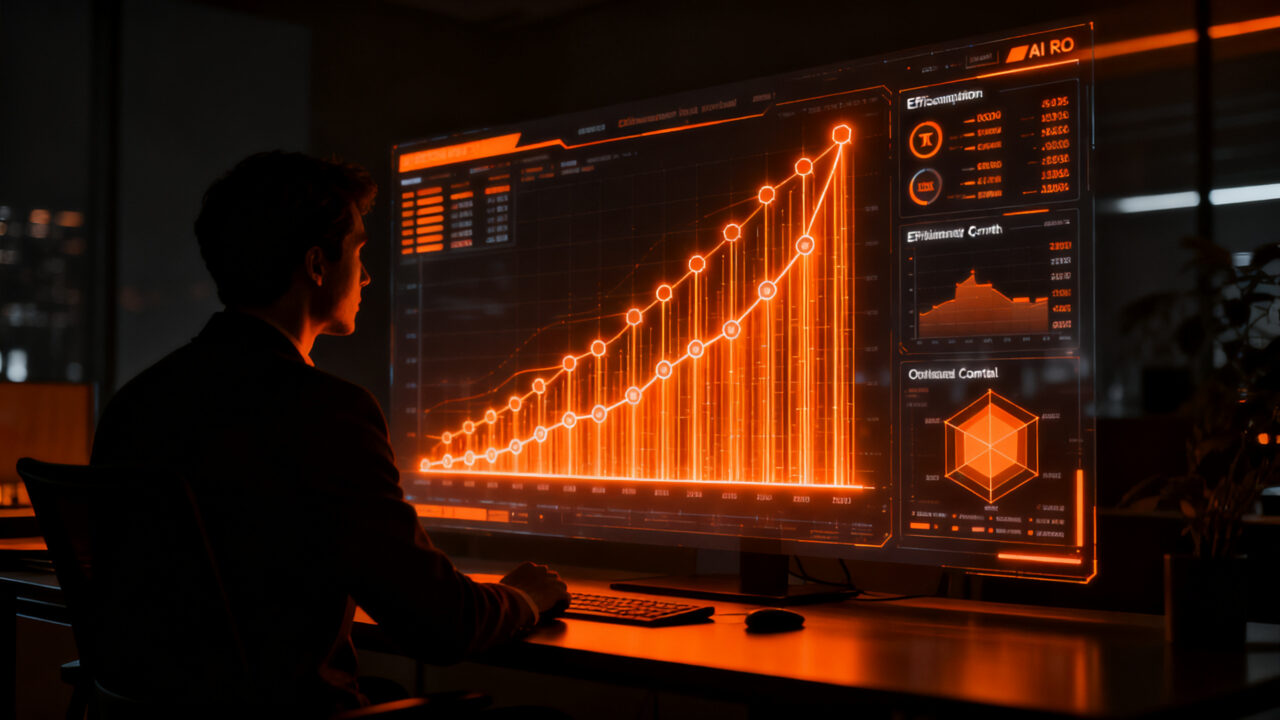 Optimización de costos en herramientas de IA, mostrando el control del gasto en tokens y el aumento de la productividad empresarial.