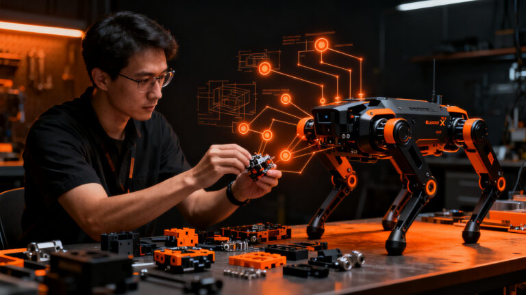Ingeniero ensamblando un robot cuadrúpedo modular Black Panther X, representando la innovación en hardware y robótica para startups.