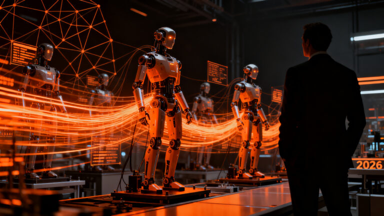 Inversionistas analizando startups de robótica e IA física en un entorno futurista de alta tecnología.