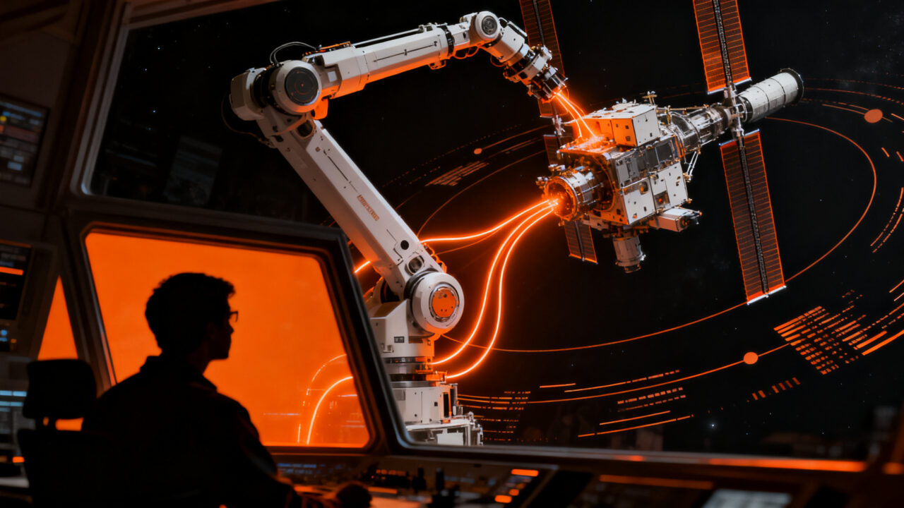 Robot espacial de mantenimiento reparando un satélite en órbita, representando el crecimiento del mercado de servicios espaciales y tecnología.