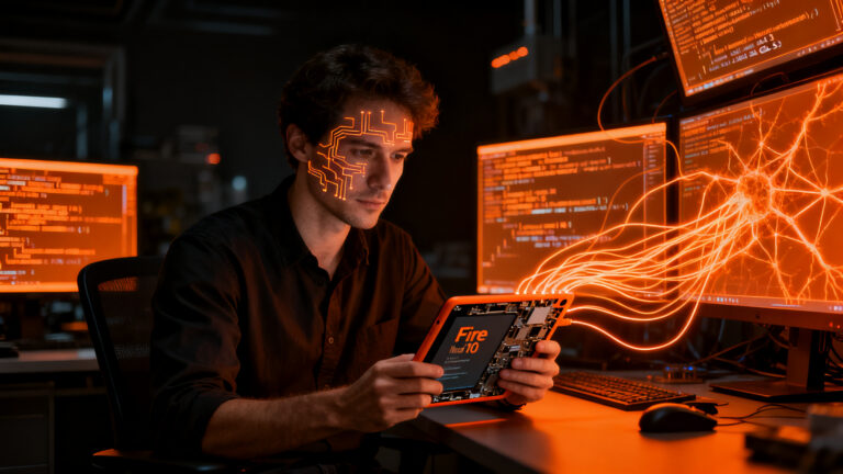 Un investigador de ciberseguridad trabajando en el rooting de una tablet Fire HD 10 mediante la orquestación de múltiples modelos de IA.