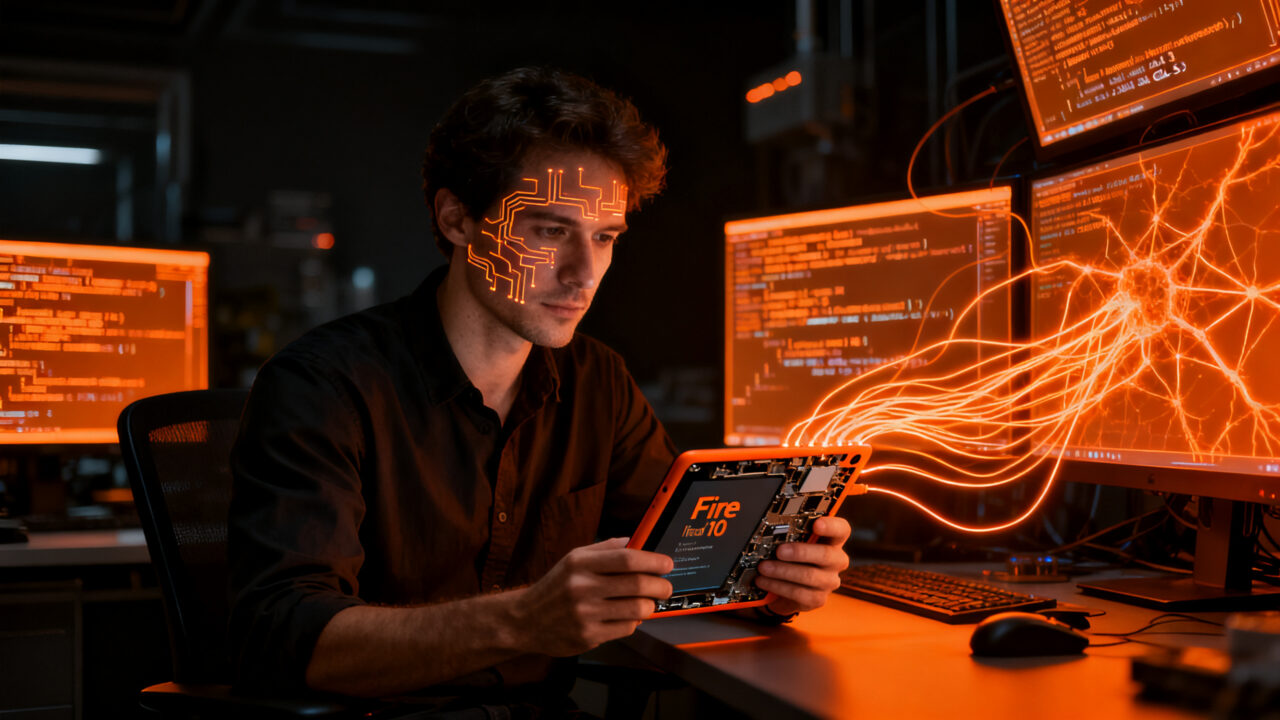 Un investigador de ciberseguridad trabajando en el rooting de una tablet Fire HD 10 mediante la orquestación de múltiples modelos de IA.