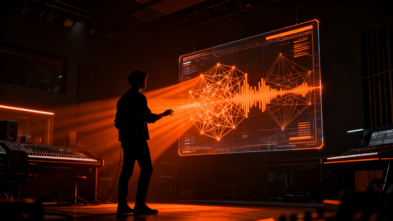 Productor musical trabajando en una interfaz digital de IA para crear música, representando la transparencia tecnológica en startups en 2026.