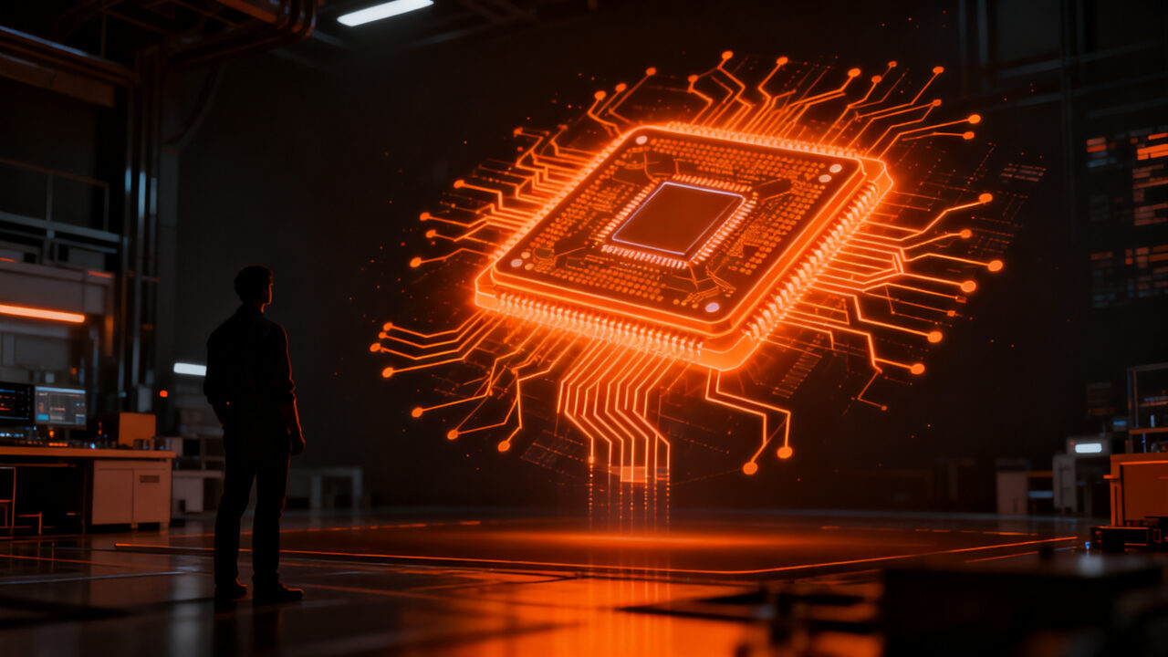Ingeniero de hardware analizando un diseño de chip asistido por IA, representando la aceleración en el desarrollo de semiconductores.