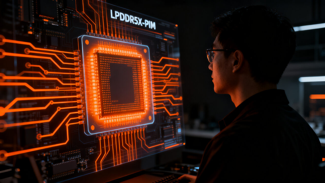 Ingeniero analizando arquitectura de memoria LPDDR5X con tecnología Samsung PIM para IA on-device.