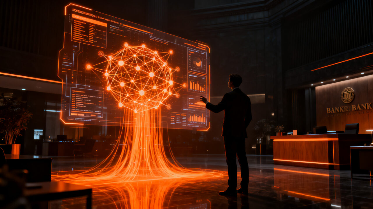 Transformación digital bancaria con IA, empleados del Santander innovando en proyectos tecnológicos para pymes y pagos.