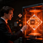 Ordenador cuántico de SaxonQ con diamantes sintéticos representando la innovación en computación cuántica de 128 cúbits.