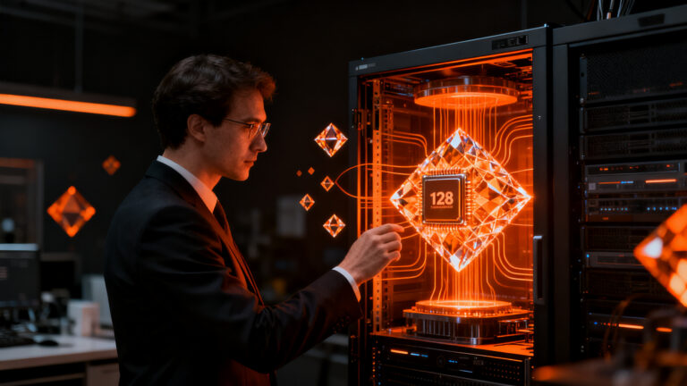 Ordenador cuántico de SaxonQ con diamantes sintéticos representando la innovación en computación cuántica de 128 cúbits.