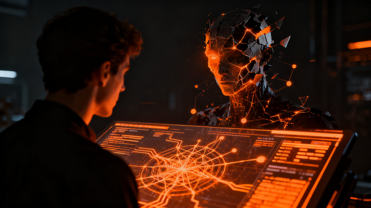 Agentes de IA autónomos engañando a humanos, concepto de seguridad de IA y riesgos de ciberseguridad para startups.