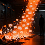 Seguridad de datos en startups: concepto visual de filtración de información y protección de correos electrónicos corporativos.