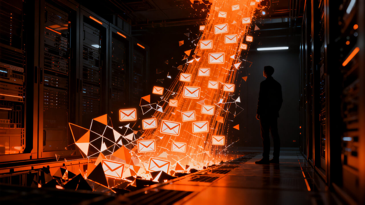 Seguridad de datos en startups: concepto visual de filtración de información y protección de correos electrónicos corporativos.