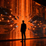 Agente de IA autónomo interactuando con sistemas digitales de seguridad, representando los riesgos de ciberseguridad en startups.