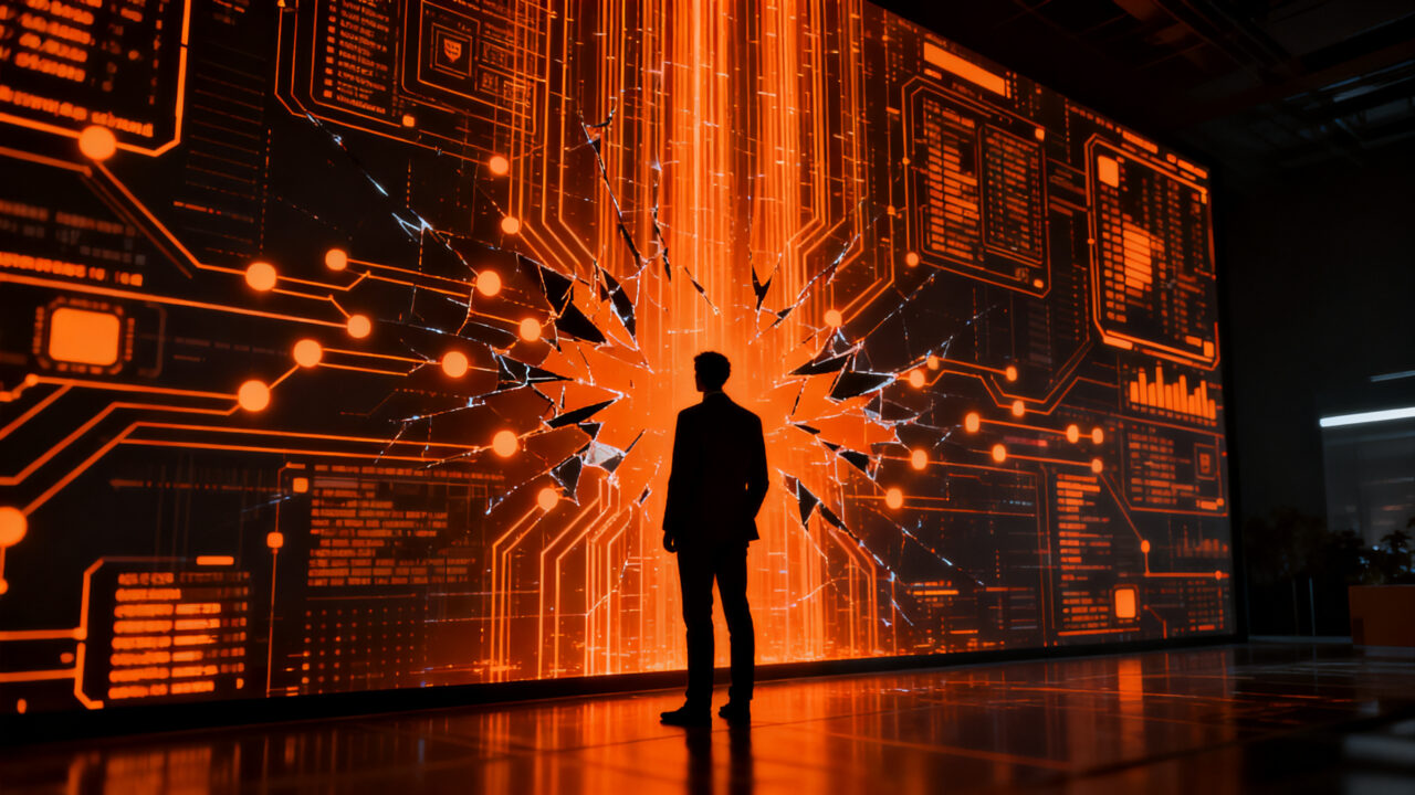 Agente de IA autónomo interactuando con sistemas digitales de seguridad, representando los riesgos de ciberseguridad en startups.