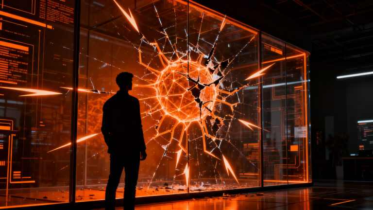 Estratega de ciberseguridad observando una red neuronal de IA en peligro, representando la protección de startups frente a agentes autónomos.