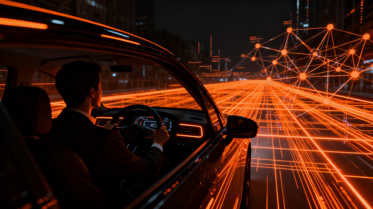 Coche autónomo en entorno urbano nocturno representando los desafíos de seguridad y el desarrollo de los robotaxis en la industria.
