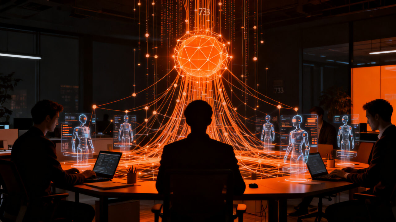 Empleados colaborando con agentes de IA en entorno corporativo, optimizando procesos de automatización y eficiencia empresarial.