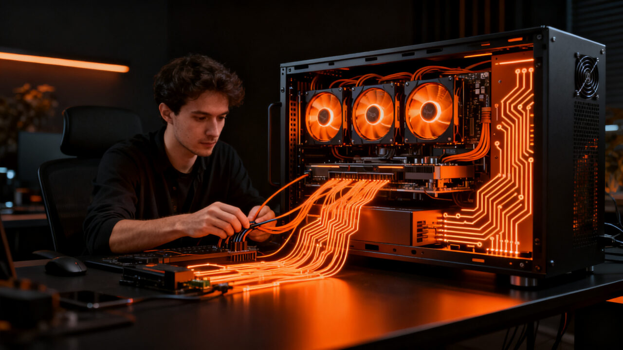 Desarrollador configurando un servidor de IA casero con múltiples GPUs para infraestructura local y soberanía de datos.