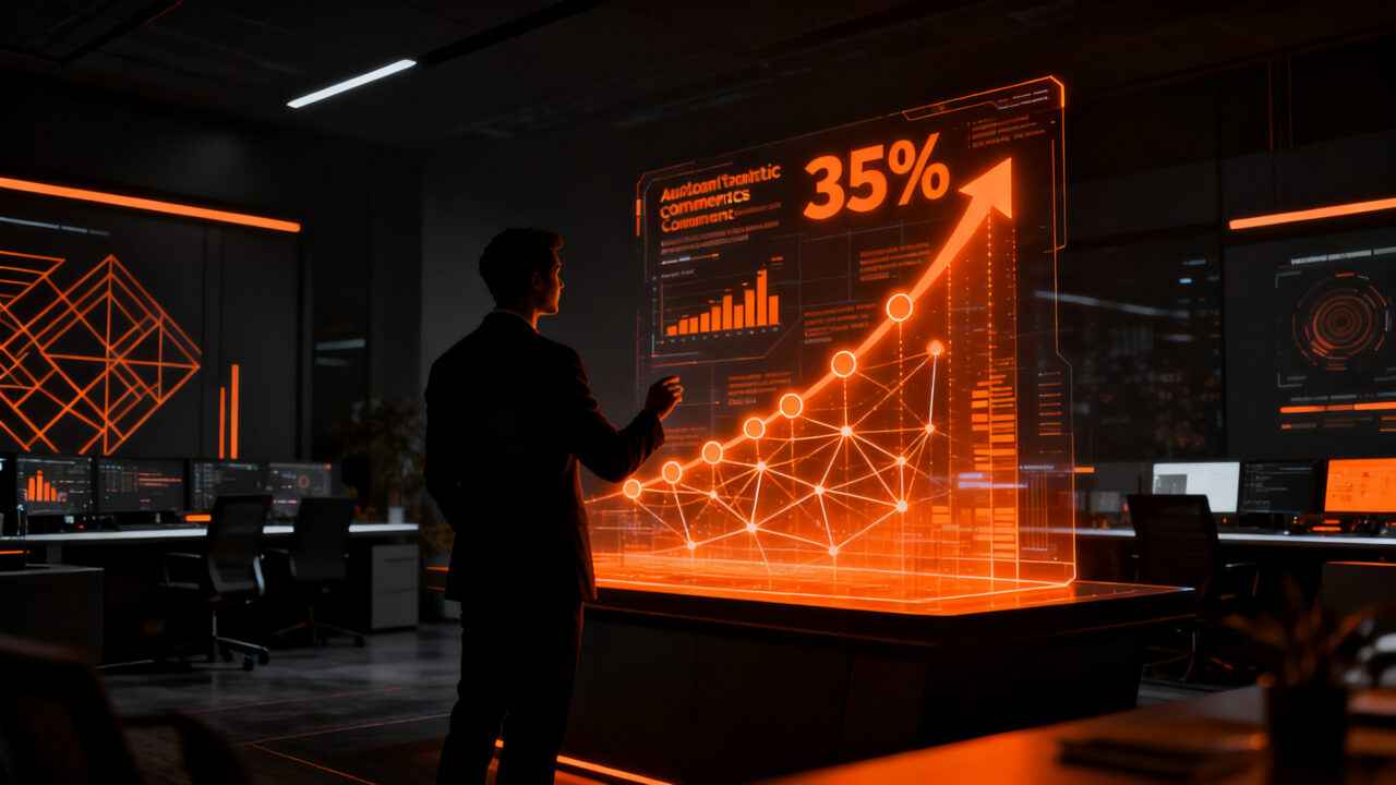 Crecimiento de eCommerce con IA, mostrando un emprendedor analizando datos de Shopify y comercio agéntico para el éxito en 2026.