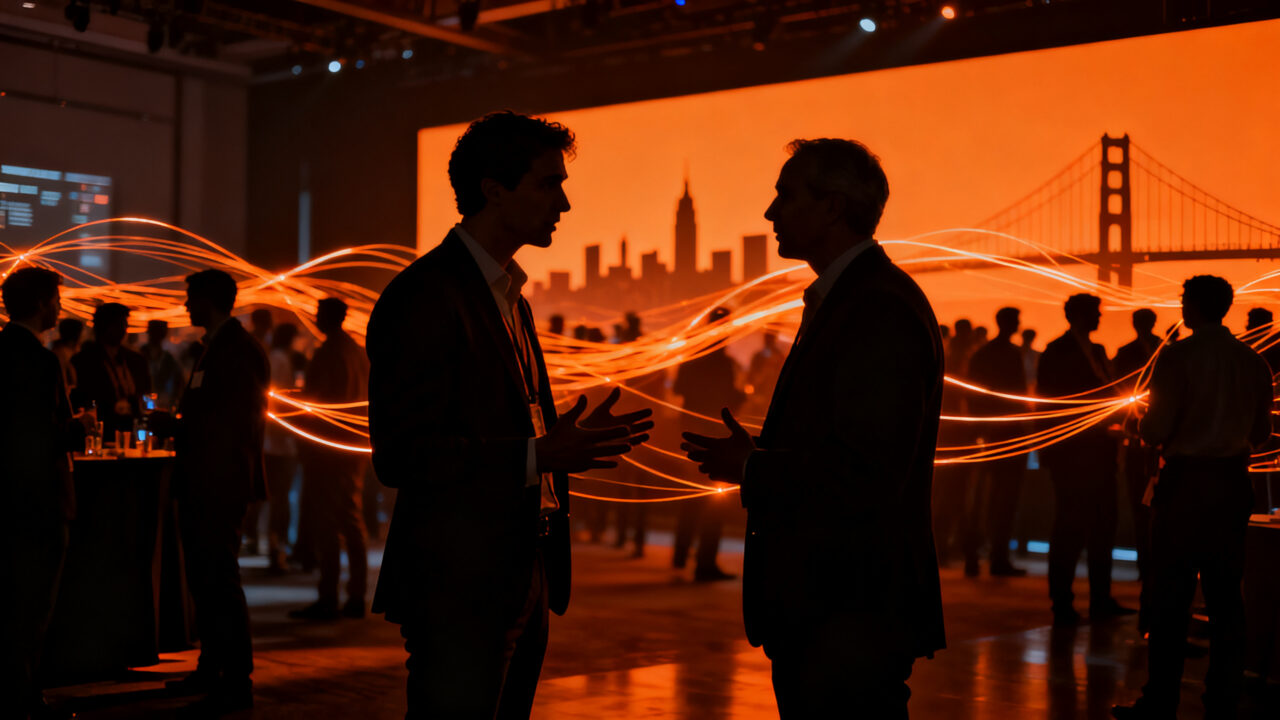 Networking en TechCrunch Disrupt 2026, founders e inversores conectando en un evento startup en San Francisco.