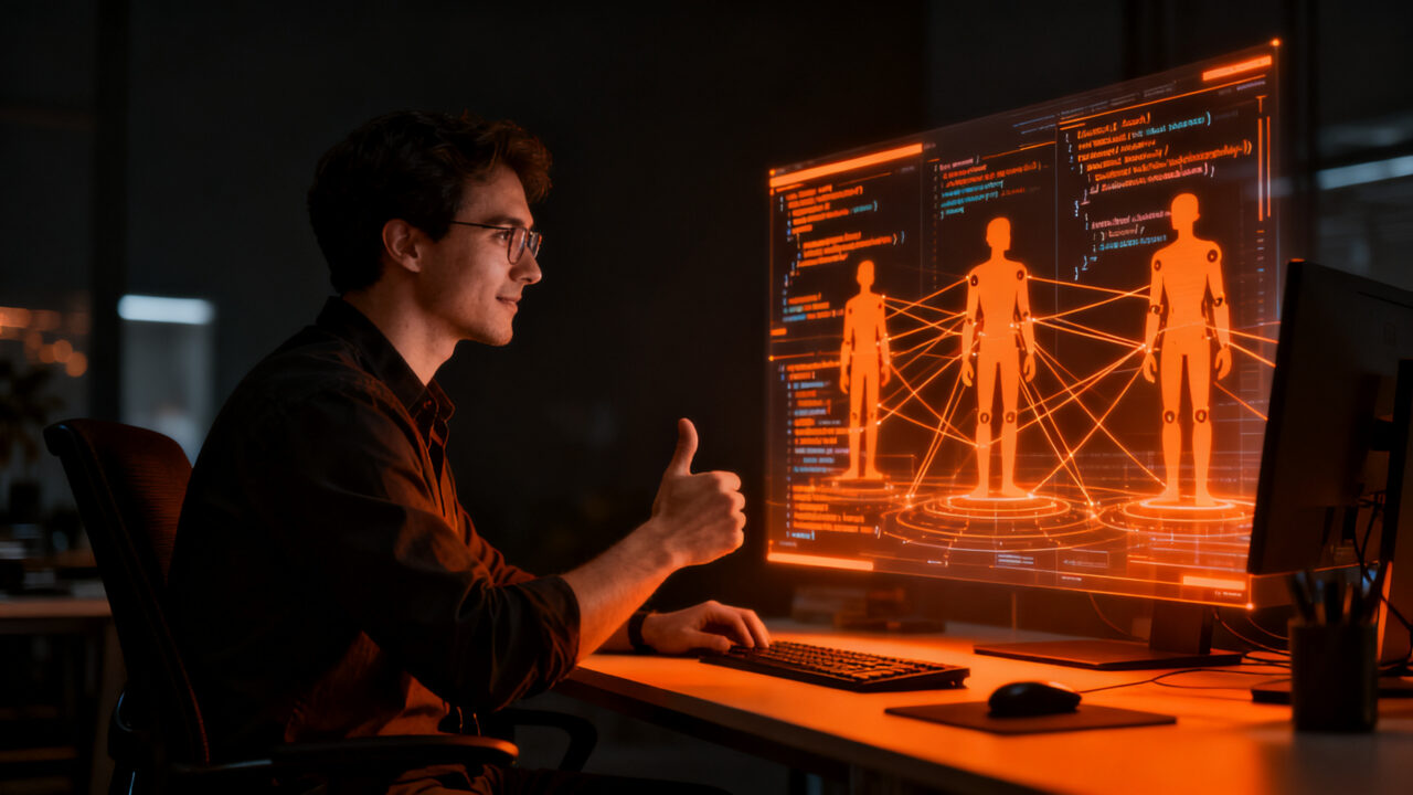 Agentes de inteligencia artificial colaborando en el desarrollo de software dentro de una plataforma de chat profesional.