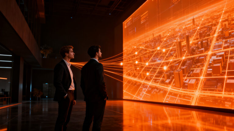 Dos emprendedores analizando datos de ciudades inteligentes en un entorno GovTech, representando la innovación abierta en Vitacura.
