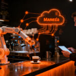 Agente de IA autónomo gestionando una cafetería moderna en Mendoza, representando la automatización de negocios y la gestión de stock inteligente.