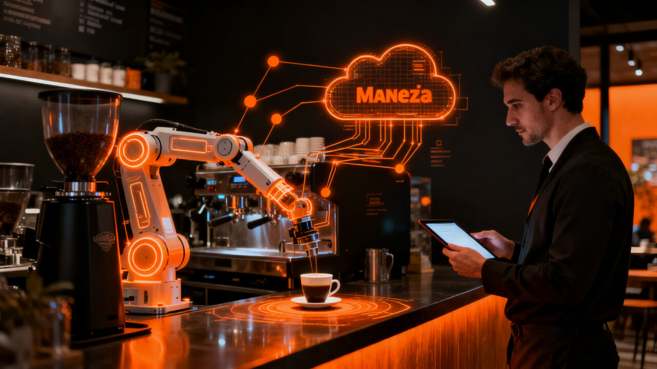 Agente de IA autónomo gestionando una cafetería moderna en Mendoza, representando la automatización de negocios y la gestión de stock inteligente.