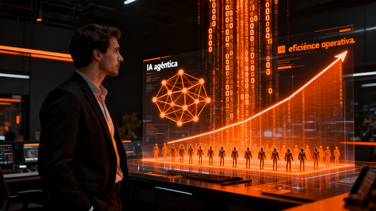 Líder empresarial analizando el despliegue de IA agéntica en un entorno corporativo futurista optimizado para 2026.