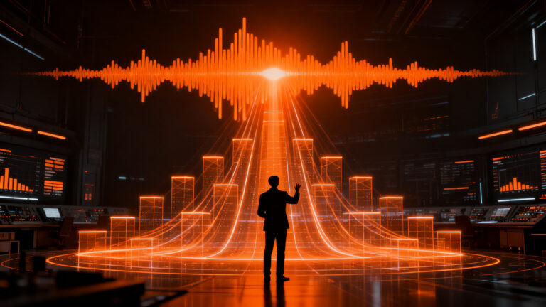 Representación visual de IA conversacional y automatización operativa, simbolizando el crecimiento de márgenes y eficiencia en SoundHound AI.