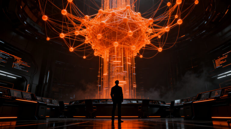 Emprendedor tecnológico frente a una red de inteligencia artificial, representando la estrategia de adquisición y el valor de las startups de IA.