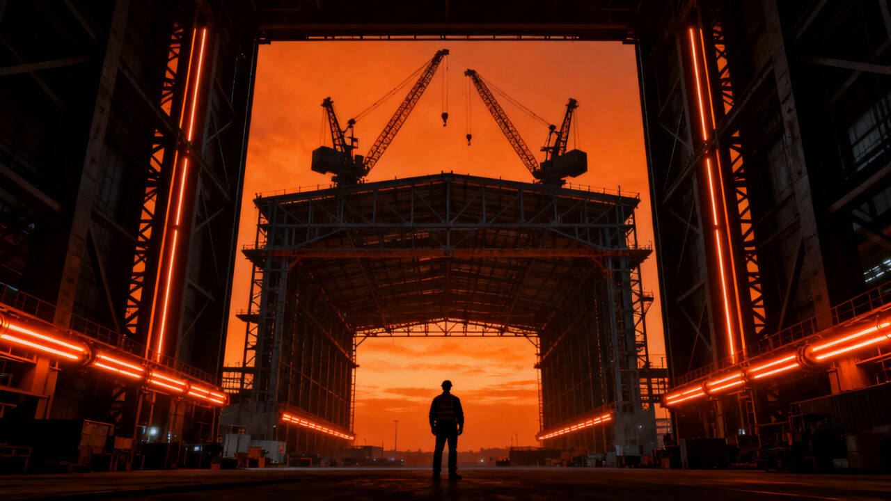 Infraestructura masiva de SpaceX Gigabay para Starship, representando escalabilidad industrial y operaciones de ingeniería aeroespacial.