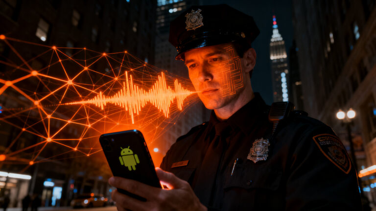 Aplicación de IA en smartphone para detección de disparos en seguridad pública, tecnología SplitSec en Chicago.