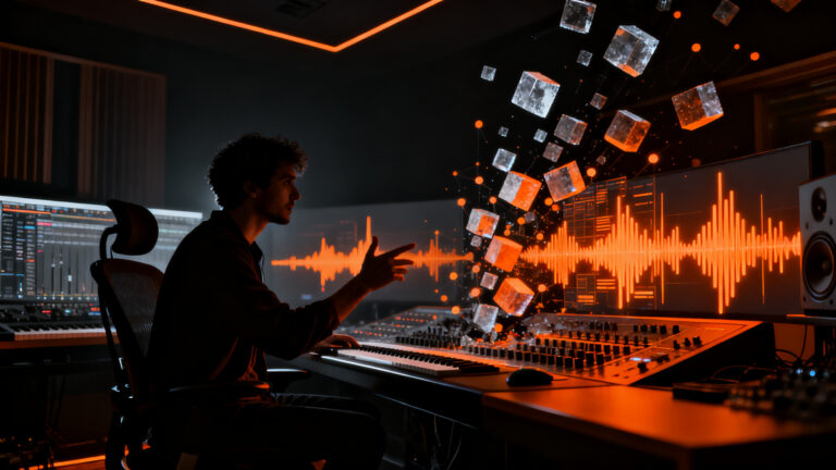 Un artista humano frente a una consola de audio, representando la decisión de Spotify de priorizar la música humana sobre la IA en sus algoritmos.