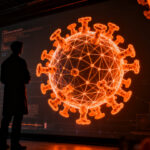 Investigador de biotecnología analizando estructuras de virus diseñadas con IA, representando la innovación en biología sintética y el futuro de la medicina.
