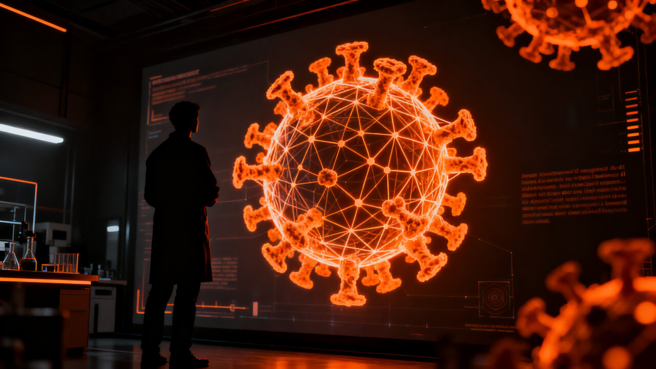 Investigador de biotecnología analizando estructuras de virus diseñadas con IA, representando la innovación en biología sintética y el futuro de la medicina.