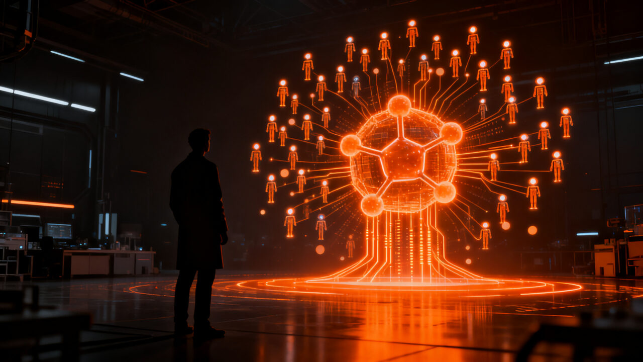 Sistema multi-agente de IA para el descubrimiento de fármacos en biotecnología, representando la innovación farmacéutica de Stanford y Merck.