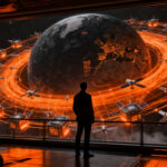 Liderazgo en tecnología espacial: emprendedor observando una constelación de centros de datos orbitales para infraestructura IA.