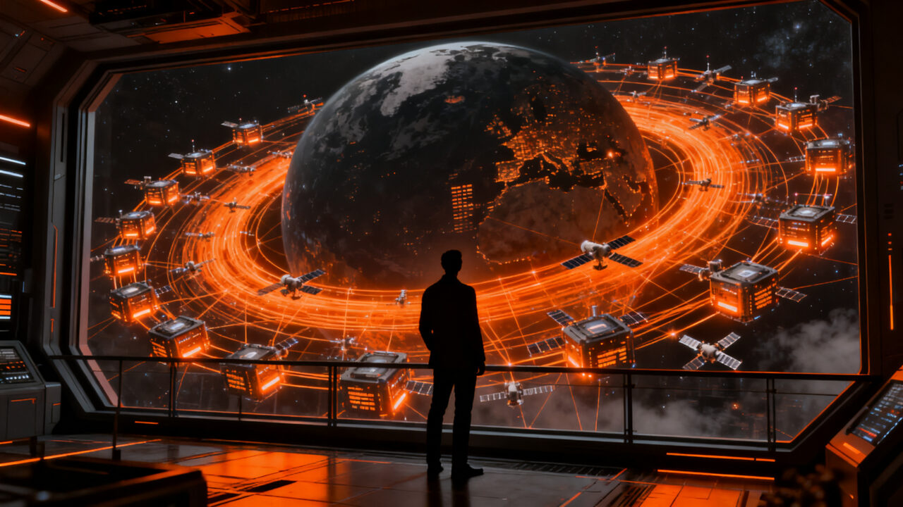 Liderazgo en tecnología espacial: emprendedor observando una constelación de centros de datos orbitales para infraestructura IA.