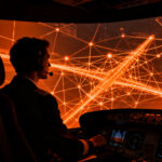 Piloto en simulador de vuelo con IA, representando la automatización y eficiencia operativa en la industria aeronáutica.