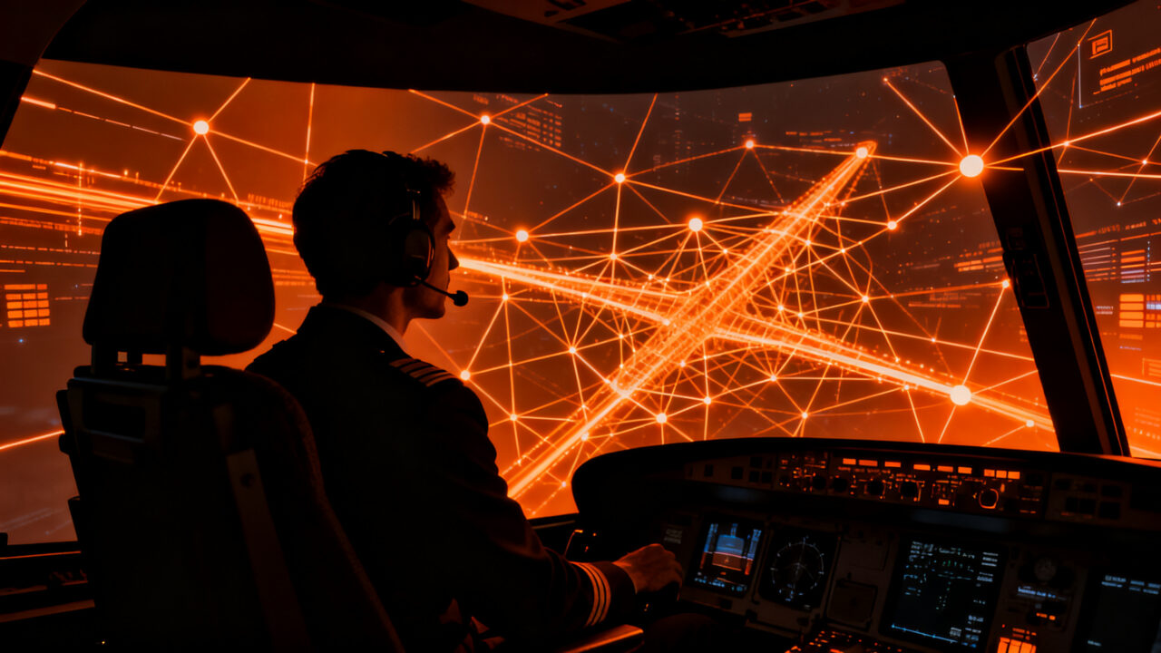 Piloto en simulador de vuelo con IA, representando la automatización y eficiencia operativa en la industria aeronáutica.