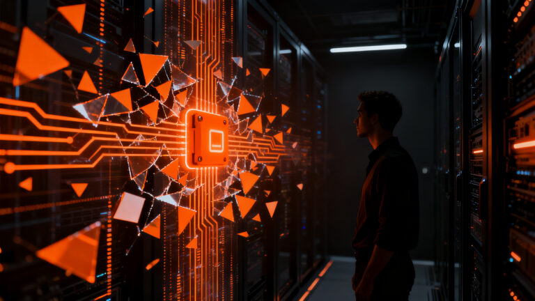 Especialista en ciberseguridad analizando vulnerabilidades en una red neuronal compleja, representando el red teaming de IA de la startup Irregular.