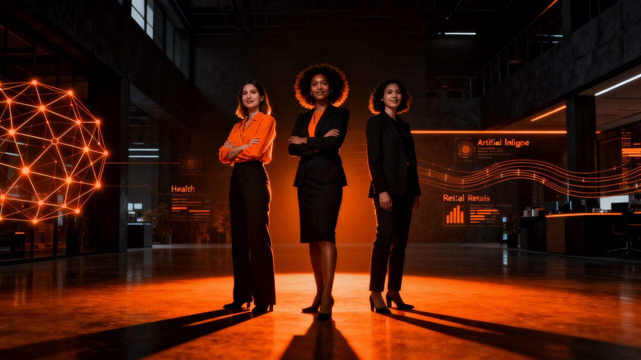 Tres mujeres líderes celebrando el éxito de sus startups tecnológicas tras ganar el premio eNOVADORAS 2026.