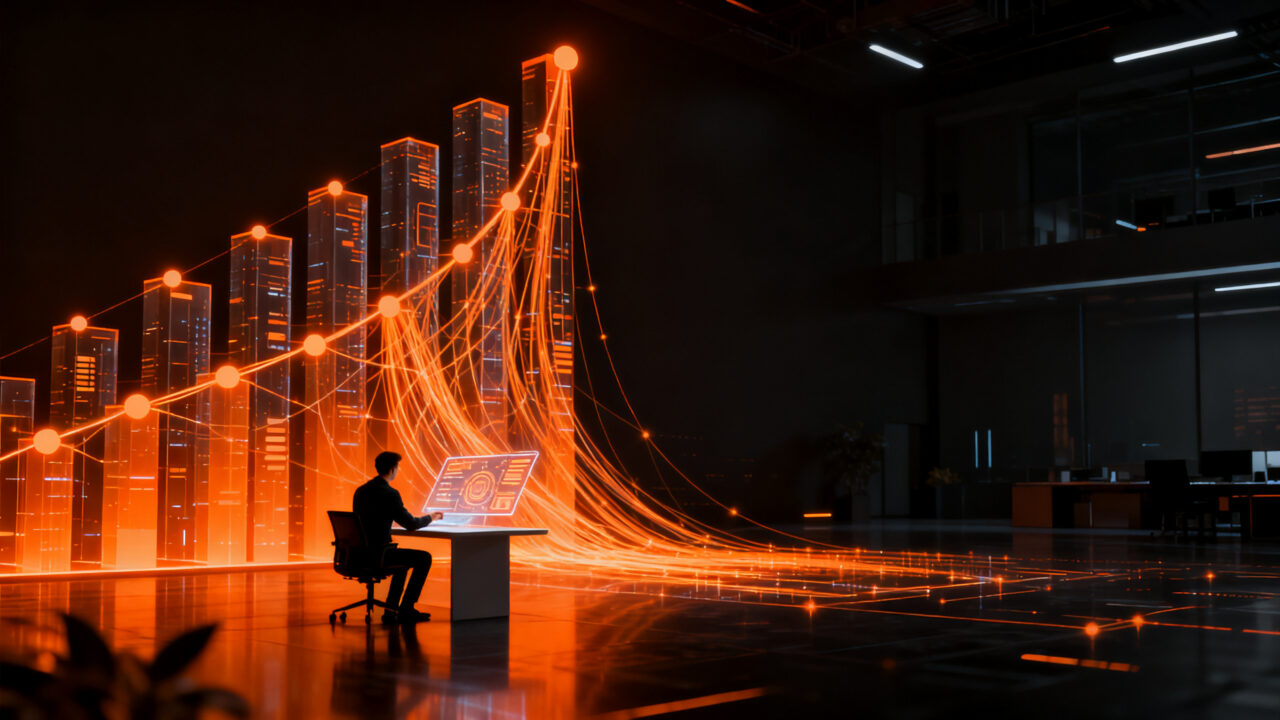 Emprendedor solitario gestionando una startup millonaria con IA, representando la eficiencia operativa y escalabilidad en 2026.