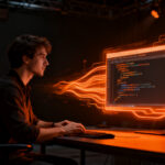 Desarrollador programando una interfaz nativa moderna asistido por agentes de IA, representando la evolución del desarrollo de software.
