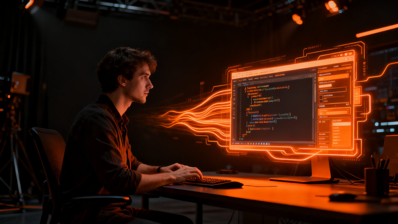 Desarrollador programando una interfaz nativa moderna asistido por agentes de IA, representando la evolución del desarrollo de software.