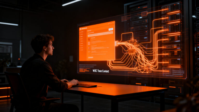 Ingeniero de software analizando trazas de datos de Supabase y OpenTelemetry para observabilidad backend y frontend.