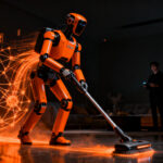 Robot humanoide de Tau Robotics realizando tareas de limpieza doméstica, representando la automatización y la robótica de servicios.