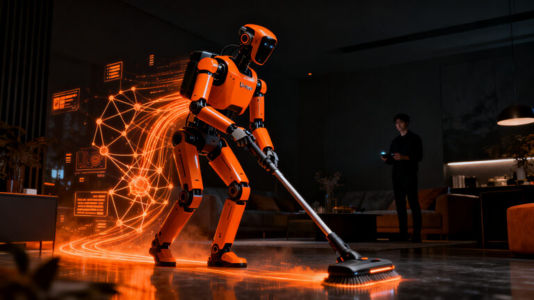 Robot humanoide de Tau Robotics realizando tareas de limpieza doméstica, representando la automatización y la robótica de servicios.