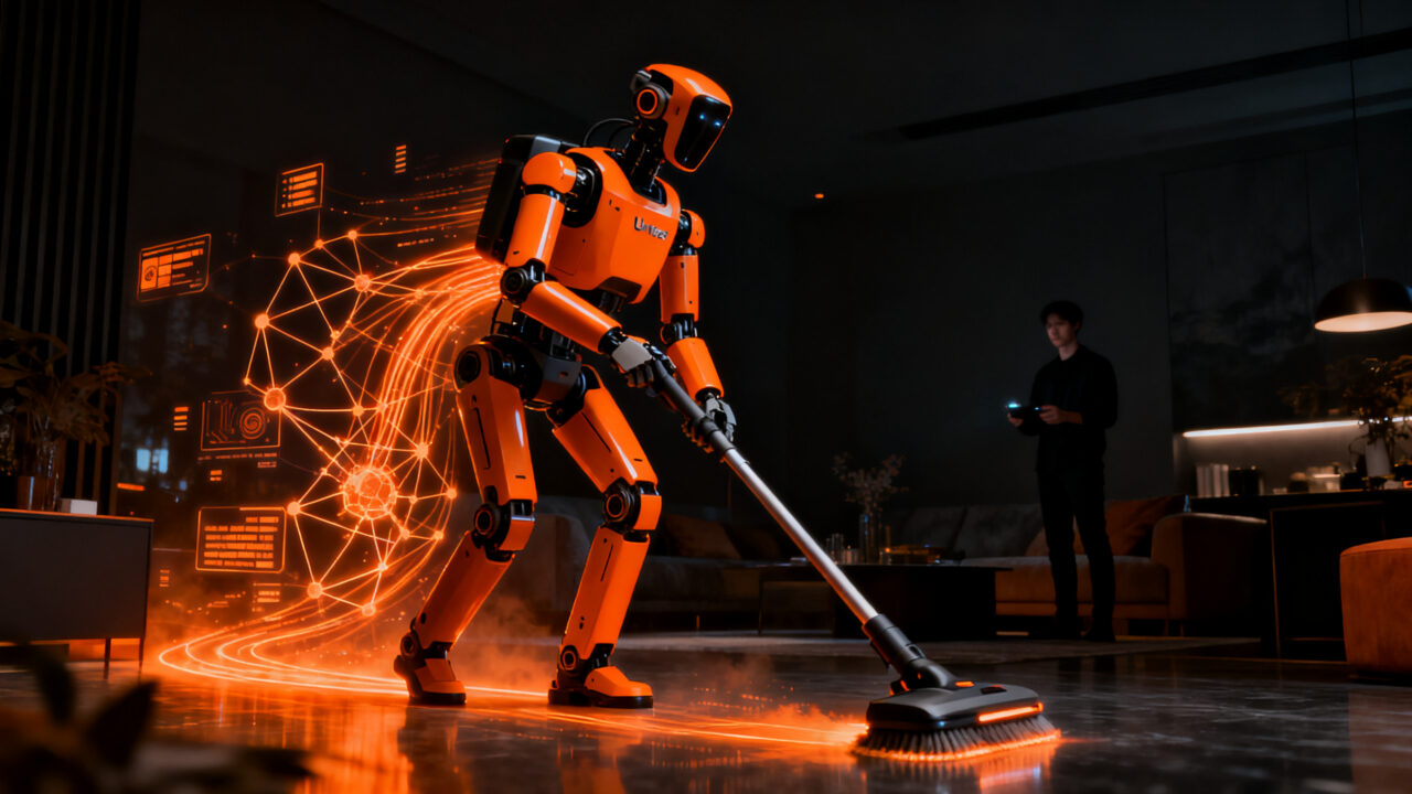 Robot humanoide de Tau Robotics realizando tareas de limpieza doméstica, representando la automatización y la robótica de servicios.